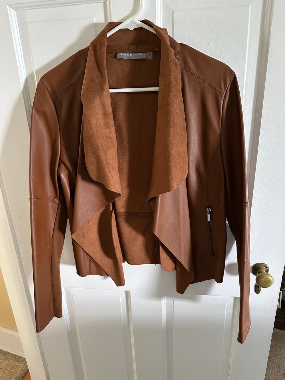 bagatelle Women's Cognac Faux Leather Draped Open Jacket